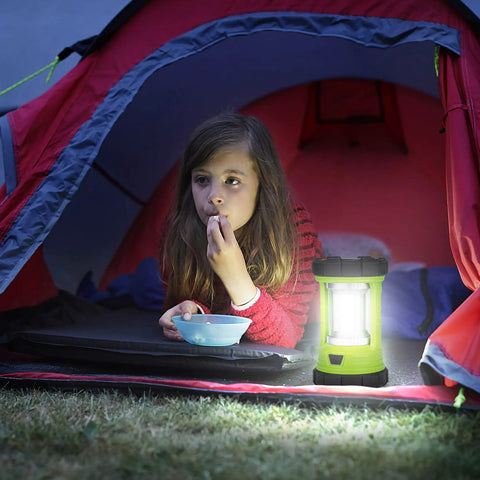 Young girl in red tent with 3000LM Rechargeable Camping Lantern With 5 Light Modes Waterproof COB Dual Panels Create 360 Degree Beam USB Powered Emergency Light