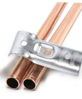 Six Pack Carbon Steel Fence Rail T Clamps End Rail Connectors No Weld Design For Quick Install Built Tough For Chain Link Fences And Handrail Projects Heavy Duty And Secure For Easy Assembly, showing two metal pipes and a metallic clamp.