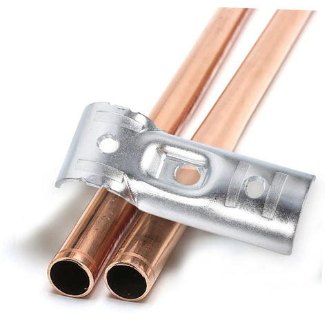 Six Pack Carbon Steel Fence Rail T Clamps End Rail Connectors No Weld Design For Quick Install Built Tough For Chain Link Fences And Handrail Projects Heavy Duty And Secure For Easy Assembly, showing two metal pipes and a metallic clamp.