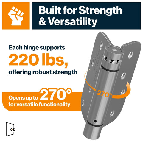Mortise Spring Hinge Kit With Automatic Self Closing, Heavy Duty Steel Door Hinges, 270-degree opening, satin nickel