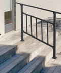 Heavy Duty 4 Step Stair Railing With Integrated Side Fence And Hella Sturdy Steel Outdoor Handrail Featuring Easy Install For Porch Deck Safety In Black on wooden stairs.
