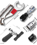 Image of All In One Bike Repair Kit For Pros Heavy Duty Steel 5 In 1 Chain Breaker Crank Puller Cassette Lockring Tool Bottom Bracket Tool Fits 6 To 12 Speed Bicycles And More, showing detailed view of tools with dimensions.