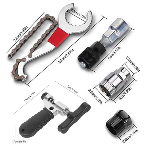 Image of All In One Bike Repair Kit For Pros Heavy Duty Steel 5 In 1 Chain Breaker Crank Puller Cassette Lockring Tool Bottom Bracket Tool Fits 6 To 12 Speed Bicycles And More, showing detailed view of tools with dimensions.