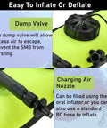 Close-up view of 4 Foot Surface Marker Buoy For Scuba With Reflective Strip showing dump valve and charging air nozzle details.