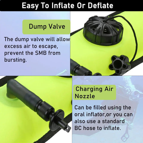 Close-up view of 4 Foot Surface Marker Buoy For Scuba With Reflective Strip showing dump valve and charging air nozzle details.