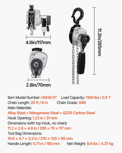 Manual Lever Chain Hoist 1/2 Ton 1100 Lb Capacity With G80 Chain, dual pawl brake, 360° hooks, dimensions and specifications.