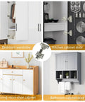 90 To 105 Degree Full Overlay Concealed Cabinet Hinges For Corner Kitchen Cabinets shown on bedroom wardrobe, kitchen door, living room cabinet, and bathroom shelf.