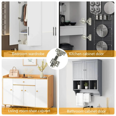 90 To 105 Degree Full Overlay Concealed Cabinet Hinges For Corner Kitchen Cabinets shown on bedroom wardrobe, kitchen door, living room cabinet, and bathroom shelf.