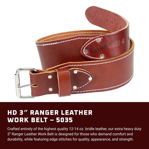 3 Inch Ranger Leather Work Belt XXL Size In OxyRed Bridle Leather With Edge Stitching Heavy Duty Steel Roller Buckle Made In USA Built To Last For Tough Hands On Jobs