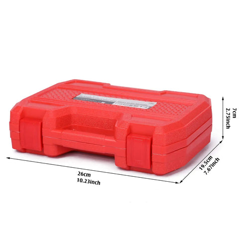 Heavy Duty Six-Piece One-Half Inch Drive Deep Impact Socket Set case, red blow-mold design with dimensions labeled