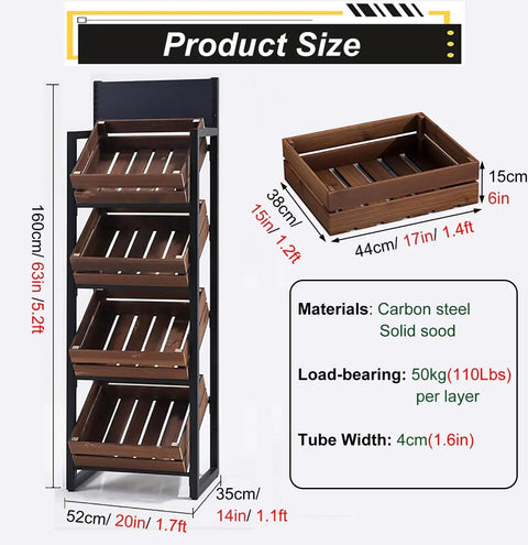 4 Tier Beefy Walnut Look Steel Frame Storage Rack Rock Solid Heavy Duty Floor Shelf dimensions and specifications image.