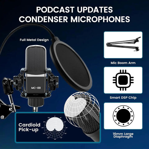 Upgraded Dual Mic Podcast Kit Bundle With Denoise And 10 Built In Effects Plus 4 Custom Sound Pads Bluetooth Wireless Music