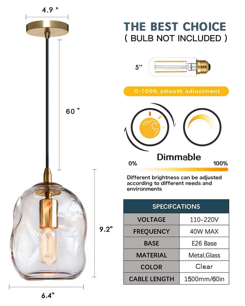 Dope Clear Art Glass Pendant Lights 2 Pack For Kitchen Island And Dining Room Table with gold hardware and adjustable cord.
