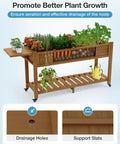 Raised Garden Bed On Legs With Wheels 57x18x30 Inches 400Lb Weight Capacity Waterproof Planter Box Weather Resistant With Storage Shelf Ergonomic Height in teak with plants and tools