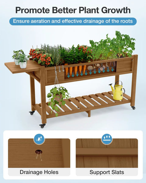 Raised Garden Bed On Legs With Wheels 57x18x30 Inches 400Lb Weight Capacity Waterproof Planter Box Weather Resistant With Storage Shelf Ergonomic Height in teak with plants and tools