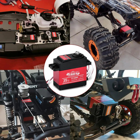 High Torque 35KG Digital RC Servo 4.8 to 8.4V Full Metal Gear Waterproof 2 Pack shown installed in various RC vehicles.