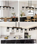 36 Inch Rustic Farmhouse Kitchen Light Fixture With Black Matte Finish, Adjustable Height 5 Light Chandelier for Dining Island