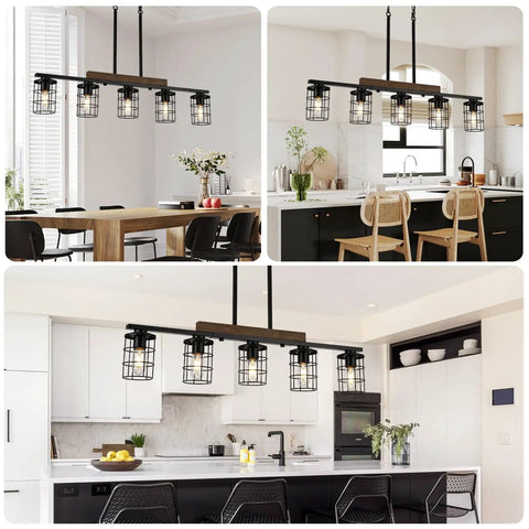 36 Inch Rustic Farmhouse Kitchen Light Fixture With Black Matte Finish, Adjustable Height 5 Light Chandelier for Dining Island