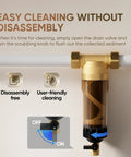 40 Micron Whole House Spin Down Sediment Filter With Scraper, easy cleaning feature, brass body, installed on pipe.