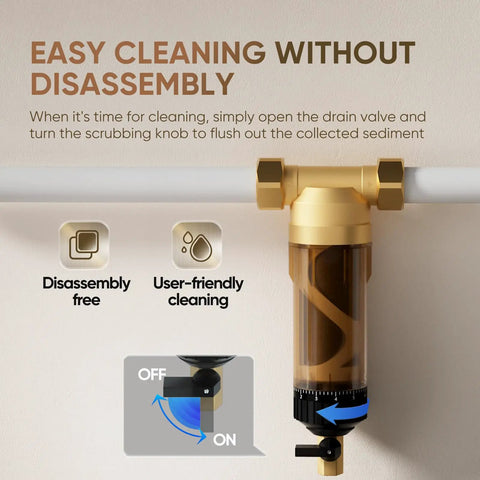 40 Micron Whole House Spin Down Sediment Filter With Scraper, easy cleaning feature, brass body, installed on pipe.