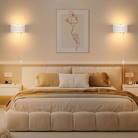 Cozy bedroom with 12W Plug-In LED Wall Sconce With Dimmable Up-Down Lighting For Bedroom, Living Room, Hallway, And Staircase.