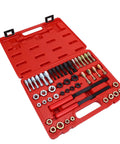 Heavy Duty 48 Piece Steel Thread Chaser Kit With 22 Taps And 24 Dies Plus Two Files For Cleaning Restoring Damaged Threads On Bolts Studs Nuts Perfect For Mechanics In The Garage Or DIY Auto Projects. Red case open with taps, dies, and thread files