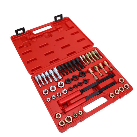 Heavy Duty 48 Piece Steel Thread Chaser Kit With 22 Taps And 24 Dies Plus Two Files For Cleaning Restoring Damaged Threads On Bolts Studs Nuts Perfect For Mechanics In The Garage Or DIY Auto Projects. Red case open with taps, dies, and thread files