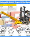 Hella Tough 11000 Pound Forklift Jib Boom Crane With Fully Telescopic Arm loading a wooden box, showcasing its 5T capacity and yellow steel design.