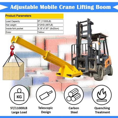 Hella Tough 11000 Pound Forklift Jib Boom Crane With Fully Telescopic Arm loading a wooden box, showcasing its 5T capacity and yellow steel design.