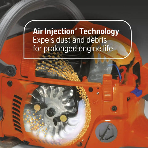 Close-up of air injection technology on gas chainsaw, showcasing dust expulsion for Gas Chainsaw With 20 Inch Bar And Auto Oiler Three Point