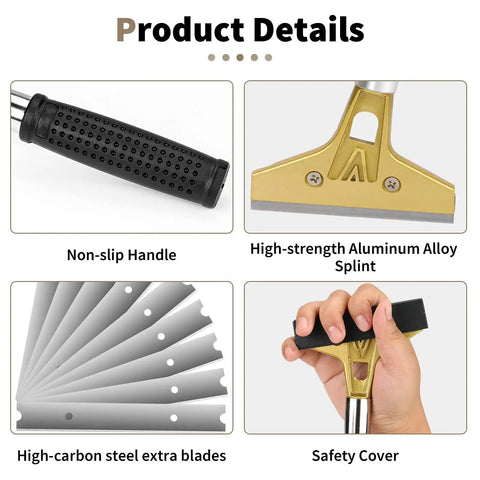 Heavy Duty 4 Inch Scraper Tool With Ten Extra Metal Blades showing handle, blade, extra blades, and safety cover details