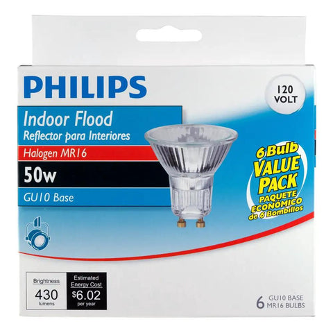 Go To 50 Watt Halogen Indoor Flood Light Bulb With MR16 GU10 Base 120 Volt 430 Lumens Long Lasting With 2.7 Year Warranty Six Pack