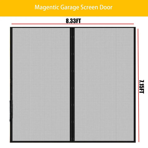 Magnetic Garage Door Screen 8 By 7 Ft For One Car with reinforced fiberglass mesh shown in measurement layout