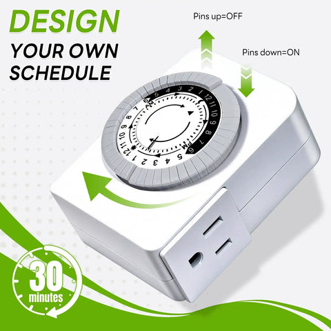 24 Hour Mechanical Outlet Timer With Dual Grounded Receptacles For Indoor Use showing manual pin dial features and plug-in design.