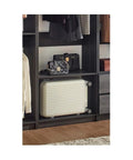 Freestanding Gray Wood Closet System With Five Modular Wardrobe Units For No Stress Setup Clean Vibes ultimate storage with a wheeled suitcase.