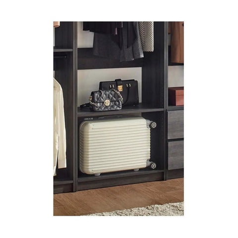 Freestanding Gray Wood Closet System With Five Modular Wardrobe Units For No Stress Setup Clean Vibes ultimate storage with a wheeled suitcase.