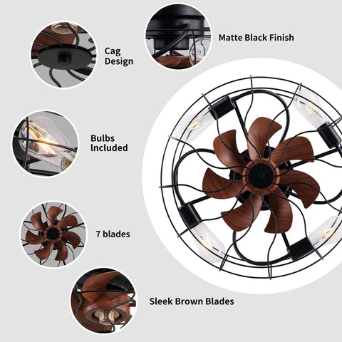 Detailed view of Twenty One Inch Low Profile Caged Ceiling Fan With Lights Remote Control Included Four Light Bulbs Dope Black Finish Flush Mount Fixture For Kitchen And Bedroom Industrial Style showing cage design, 7 wooden blades, and matte black finish.