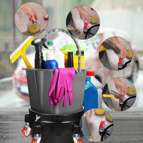 Two Pack Round Plastic Bucket Dollies With Five Quick Spin Swivel Casters For Smooth Easy Rolling, holding cleaning supplies.