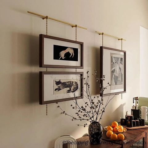 Adjustable Picture Rail Hanging System With Brass Chain Hooks No Damage Wall Track For Gallery Displays Metal Frame Hanger Kit Easy Setup For Home Decor And Museum Style Artwork Suspension Pole 150cm Long on wall with framed art