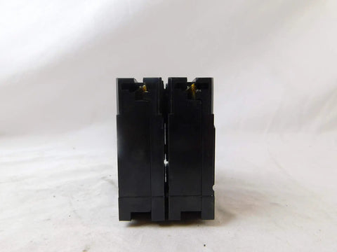 Front view of Two-Pole 120 to 240V 90A Plug-In Circuit Breaker for Home Panel BR290, showing dual slots and black casing.
