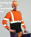 Worker wearing Six Pack High Visibility Long Sleeve Safety T Shirts For Work Men XL Fluorescent Orange with reflective strips