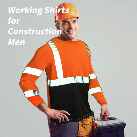 Worker wearing Six Pack High Visibility Long Sleeve Safety T Shirts For Work Men XL Fluorescent Orange with reflective strips
