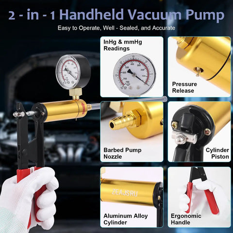 Handheld Brake Bleeder Kit With Vacuum Pump And Pressure Gauge For Cars Motorcycles ATVs Includes Hoses Adapters Reservoir All In One Brake Fluid Bleeding Tool Set For Easy One Person Automotive Vacuum Diagnostics, aluminum alloy cylinder