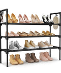 Three Tier Shoe Rack Organizer With Five Hooks For Closet, Stackable Free Standing Shoe Storage displaying various footwear.