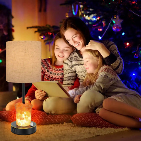 Table Lamp With Himalayan Salt Lamp 2 In 1 Farmhouse Style Nightstand Light With USB C And USB A Ports, 3 Way Dimmable Salt Rock Lamp With AC Outlet, Touch Control Bedside Lamp For Bedroom And Living Room