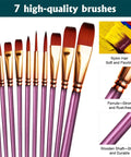 Top Notch Acrylic Paint Set With 31 Rich Colors And 10 Brushes, including close-up of brush details on canvas