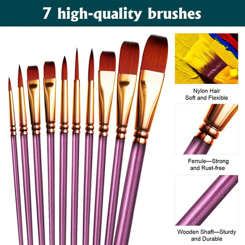 Top Notch Acrylic Paint Set With 31 Rich Colors And 10 Brushes, including close-up of brush details on canvas