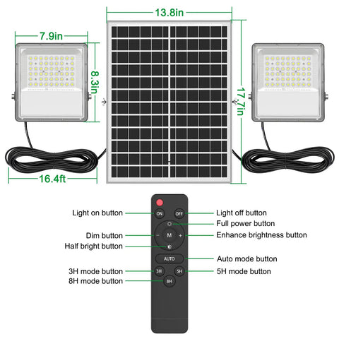 Solar Outdoor Flood Lights Waterproof Security Lighting 1500LM with remote and solar panel, dual LED lights diagram