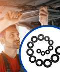 ZIUZI 100-pc black stainless flat washers; 5 sizes #8,#10,1/4,5/16,3/8 for screws and bolts, shown with mechanic under car