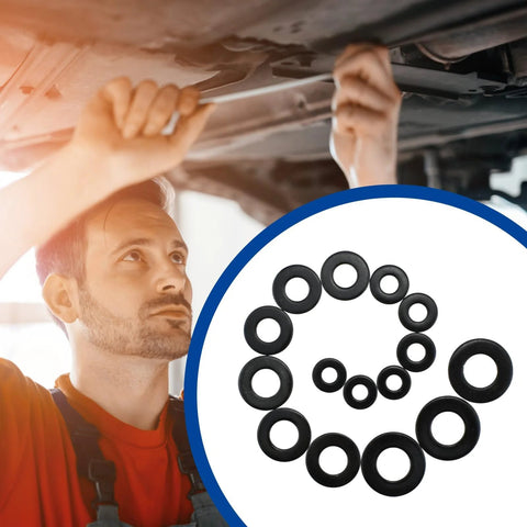 ZIUZI 100-pc black stainless flat washers; 5 sizes #8,#10,1/4,5/16,3/8 for screws and bolts, shown with mechanic under car